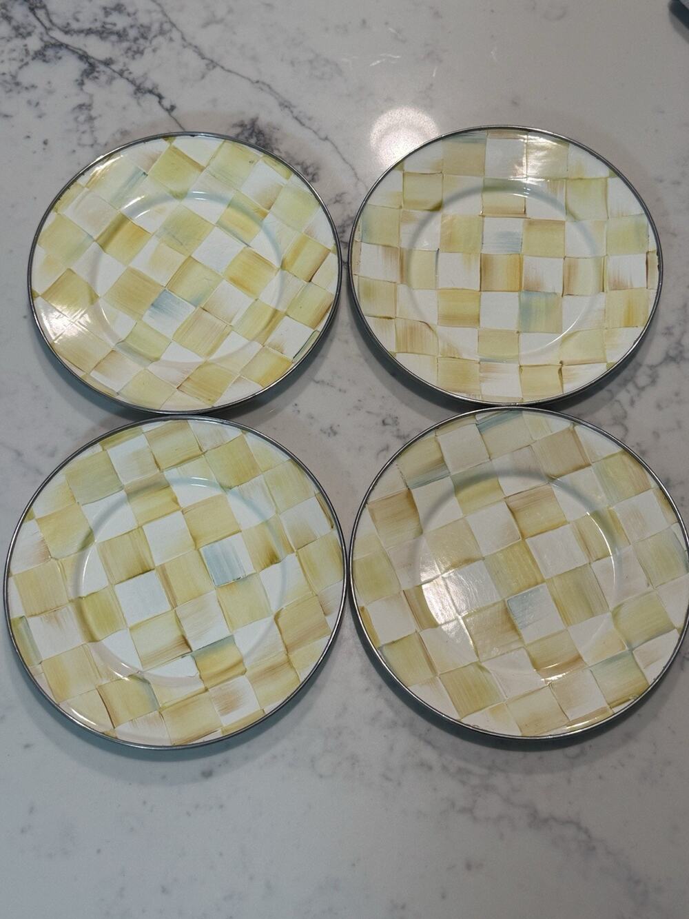 Mackenzie Childs Set Of 4 Parchment Check Salad Dessert Plates 8” Rare Retired